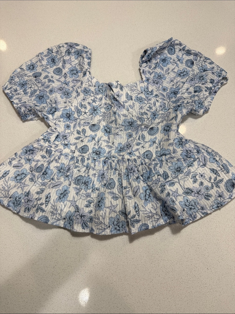 Girls Blue Floral Puff-Sleeve Cropped Top
